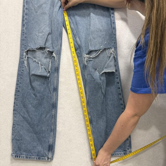 Zara Jeans Womens 10 Blue Distressed High Rise Straight Leg Ripped Denim Pants - Picture 3 of 8